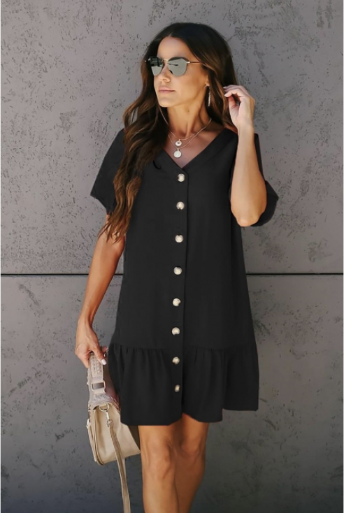Pocketed Button Down Ruffle Dress