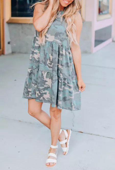 Camo Print Ruffled Sleeveless Short Dress