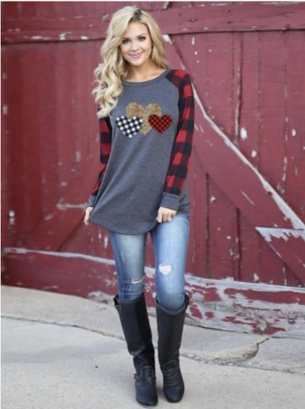 Grey Heart Leopard Plaid Sleeve Top