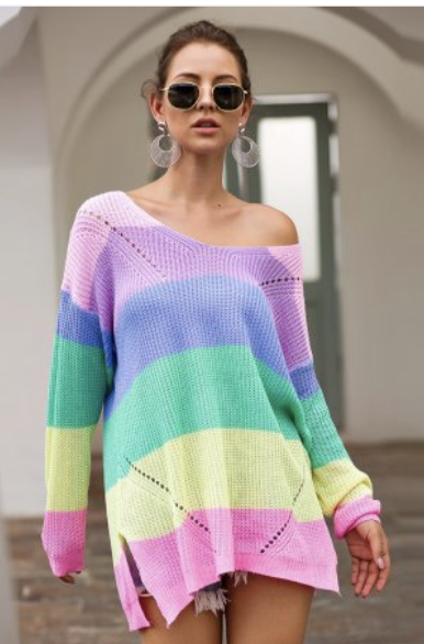 Pink Rainbow Color Block Knitted Sweater