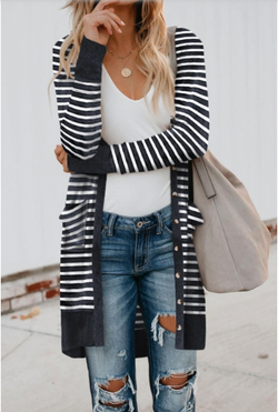 Striped Button Down Open Front Cardigan