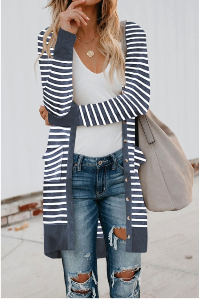 Striped Button Down Open Front Cardigan