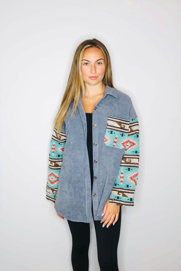 Plaid Shacket With Aztec Detail on Sleeve