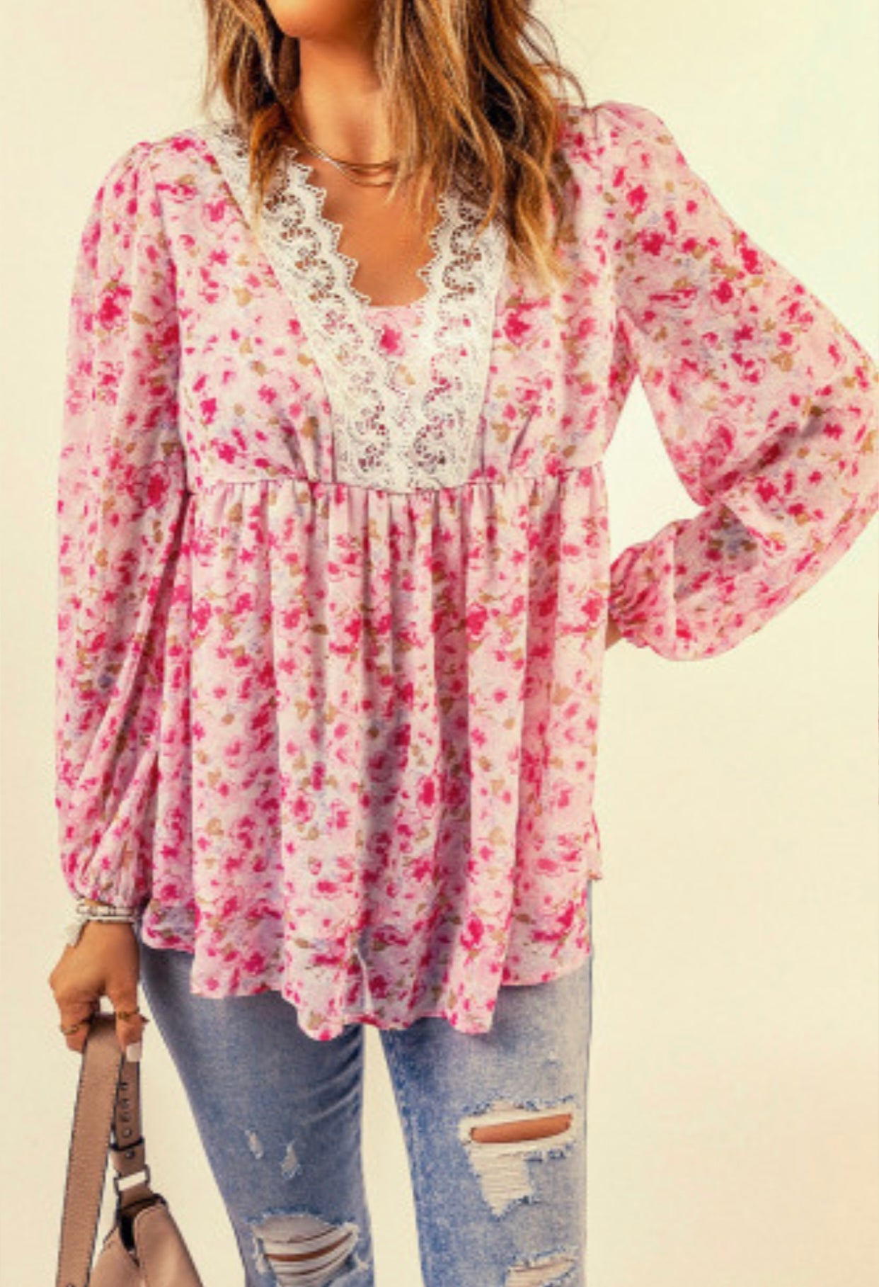 Pink Floral Lace Detail Blouse