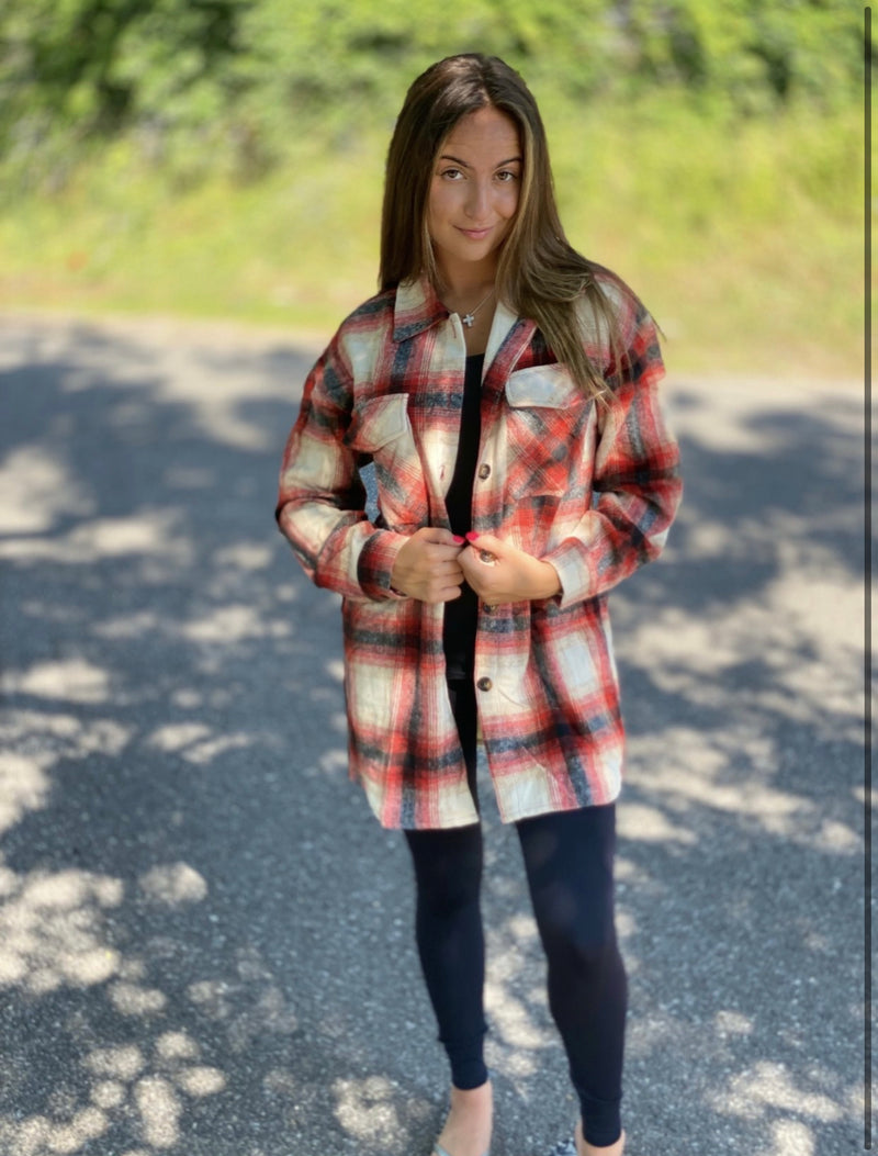 Red button down plaid heavy pull over shacket