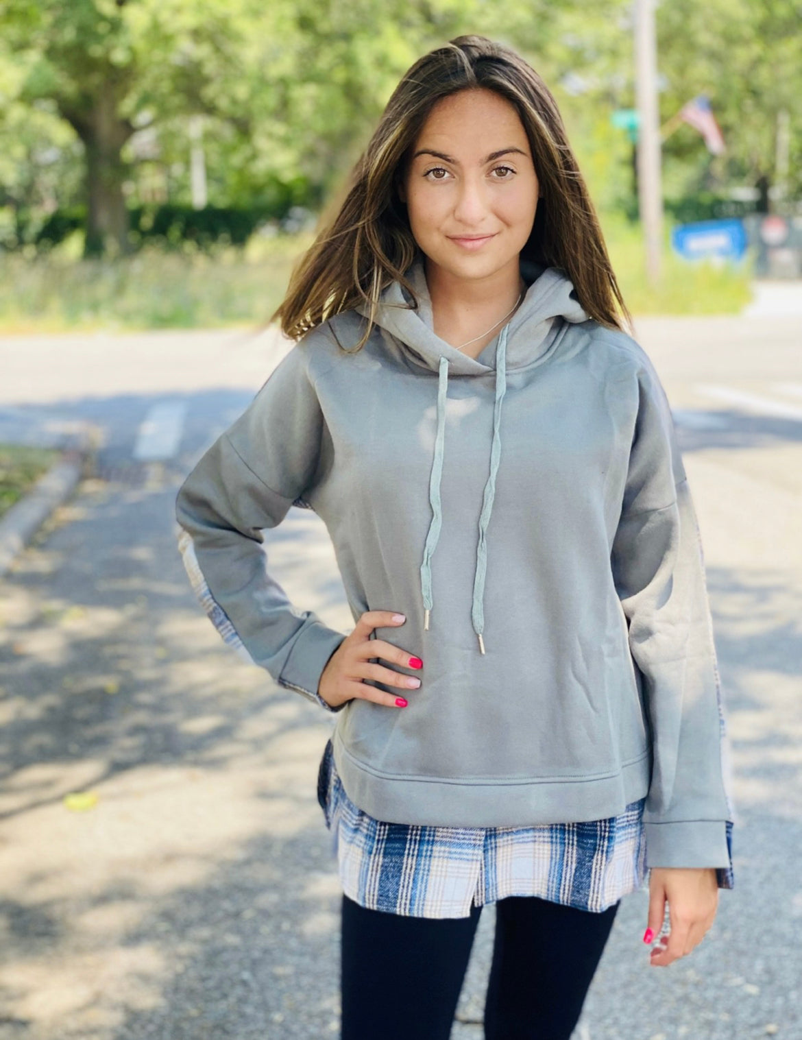 Grey plaid drawstring hoodie