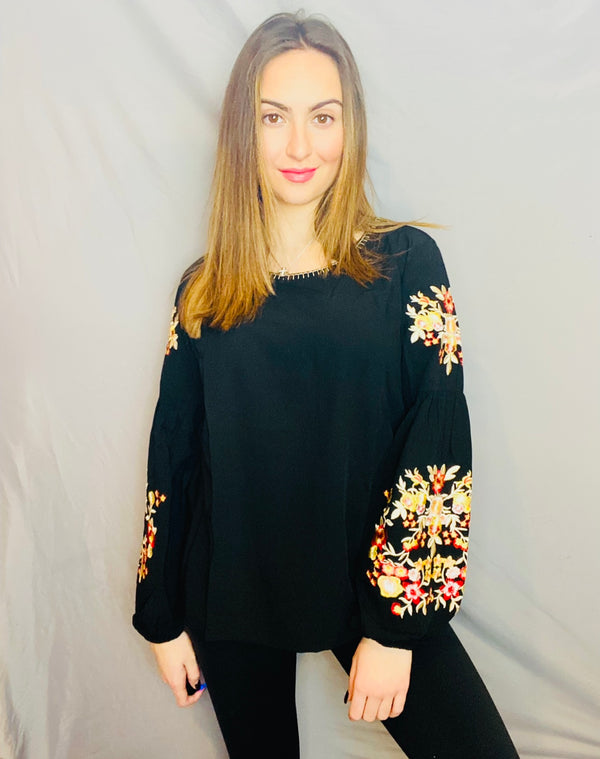 Black Embroidery Sleeve Top