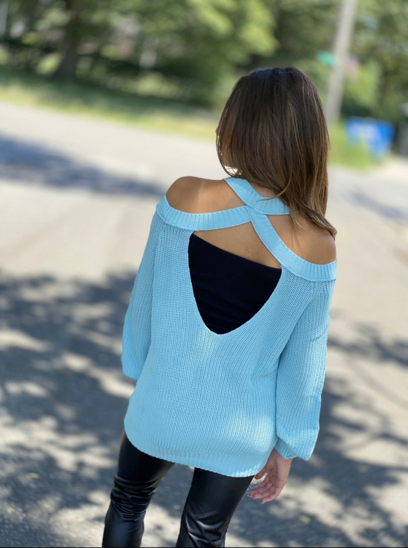 Cold Shoulder Twist Back Sweater