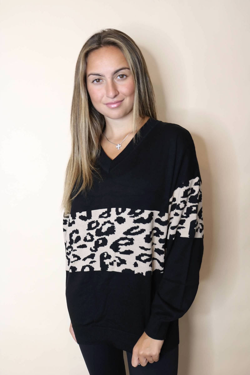 Black V-Neck Leopard Sweater