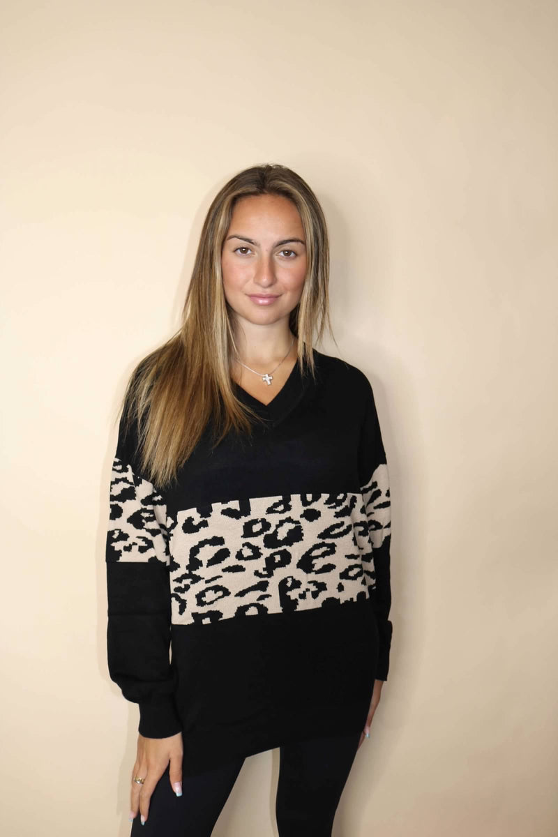 Black V-Neck Leopard Sweater