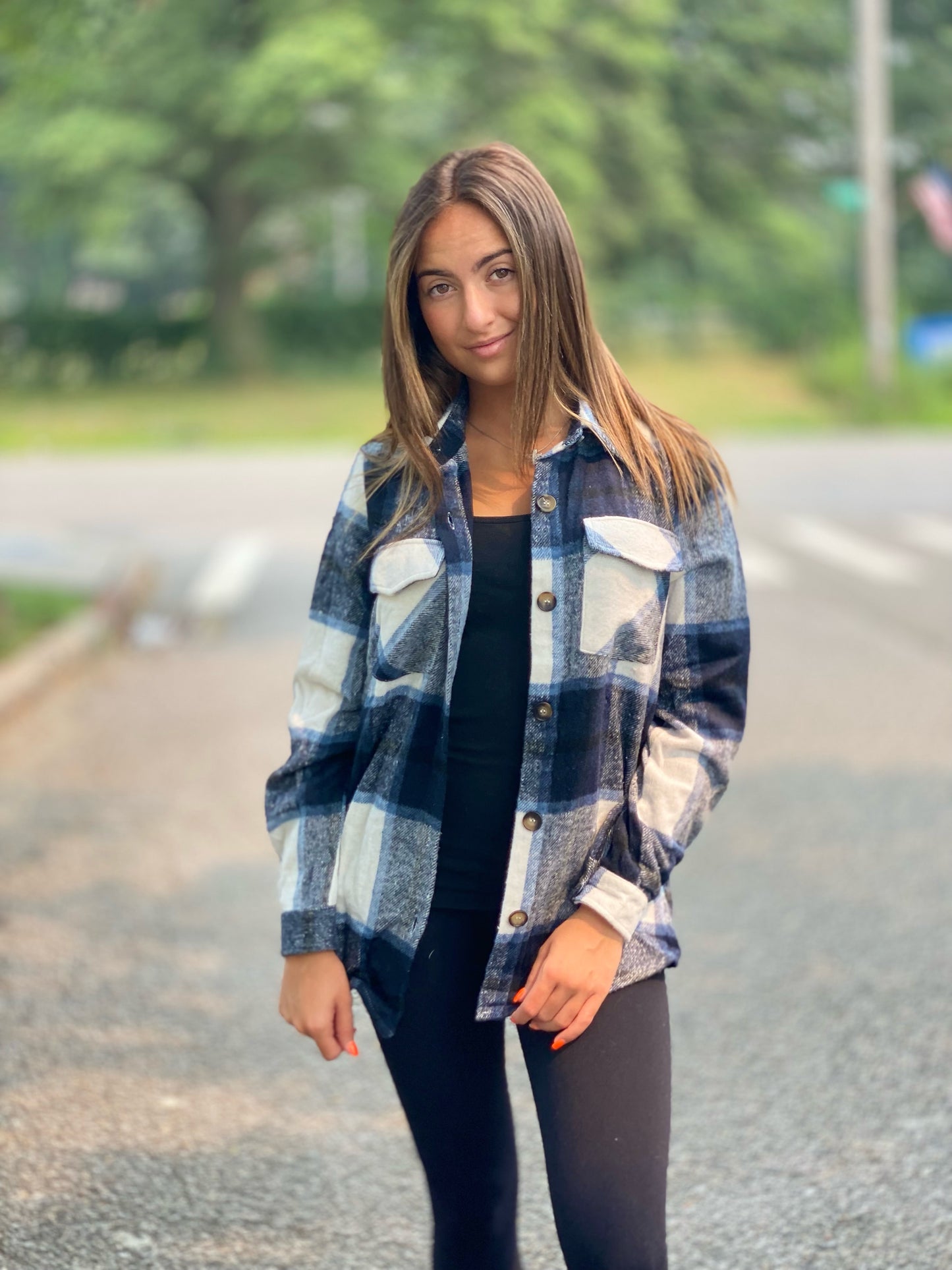 Shacket plaid button down blue