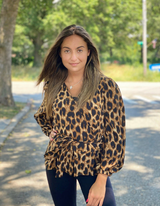 Leopard Ruffled Wrap V-Neck Blouse with Belt