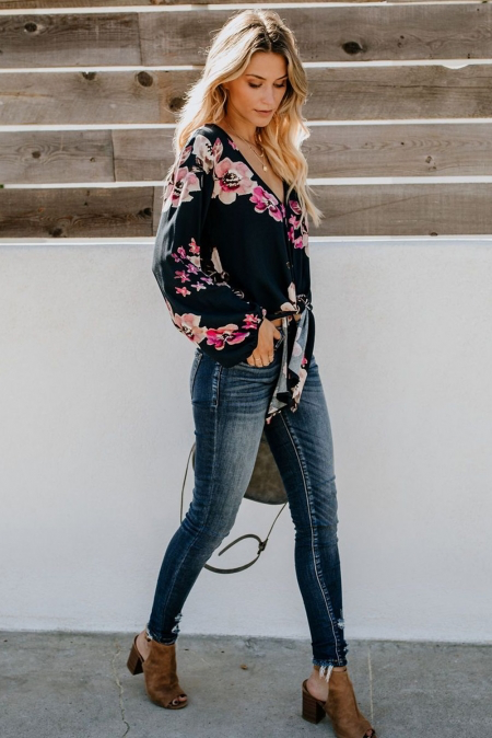 V-Neck Long Sleeve Tie Front Blouse