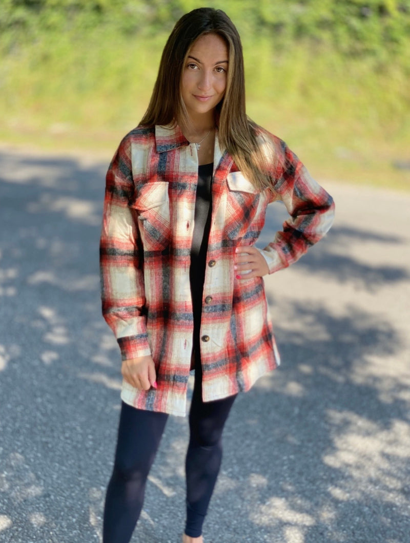 Red button down plaid heavy pull over shacket