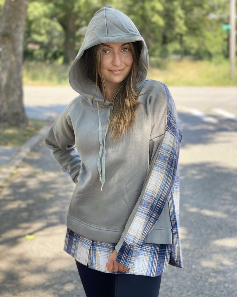Grey plaid drawstring hoodie