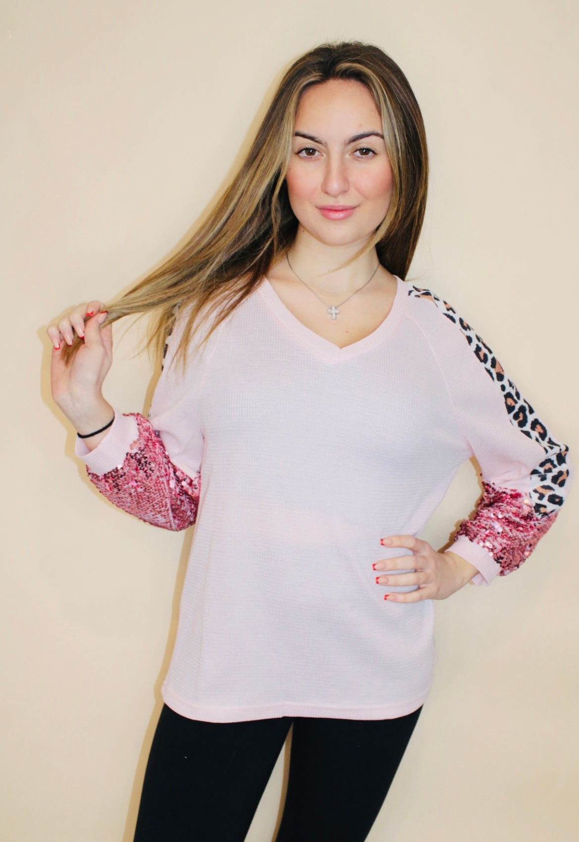 Pink Waffle Sequin Top