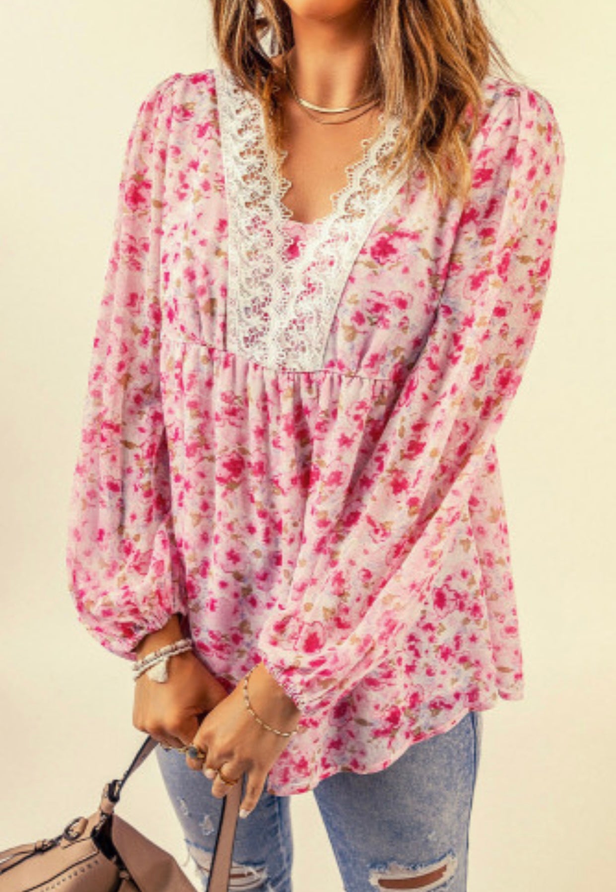 Pink Floral Lace Detail Blouse